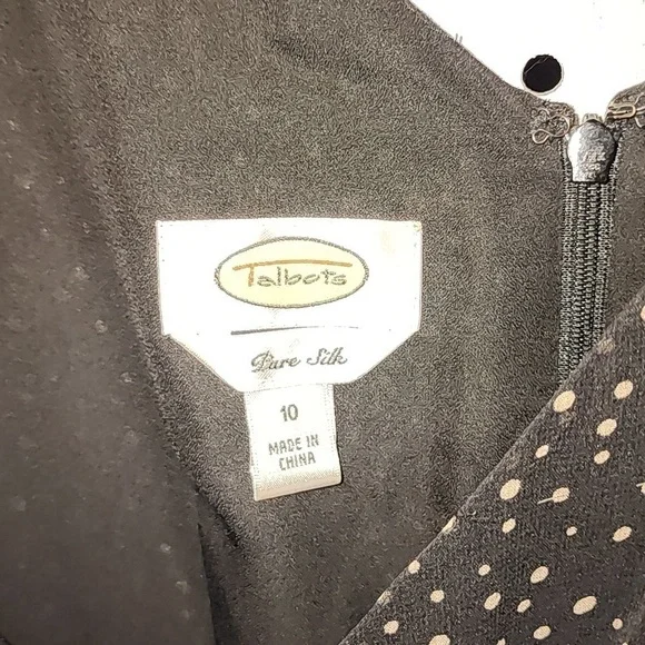 Talbots Pure Silk Size 10 Black w/ Cream Dots Midi Dress Sleeveless Pleated - Picture 6 of 8